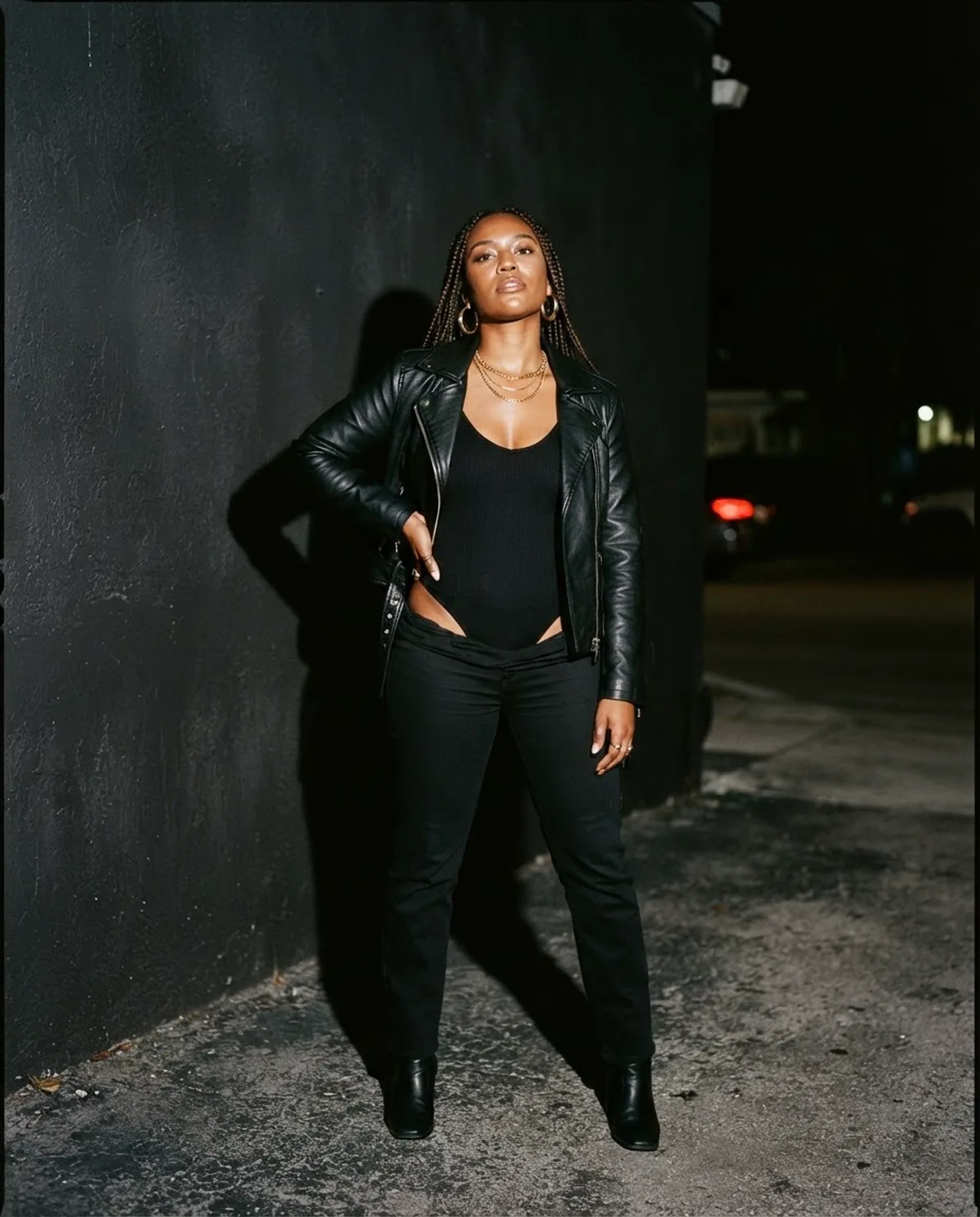 A lit set at night seen past the camera, the room otherwise dark